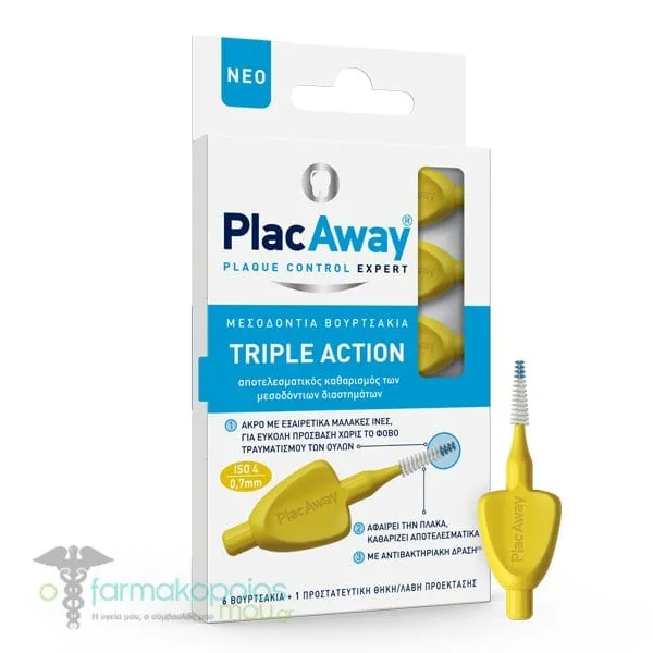 Plac Away Triple Action Interdental Brushes 0.7mm, ISO 4, Yellow, 6pcs