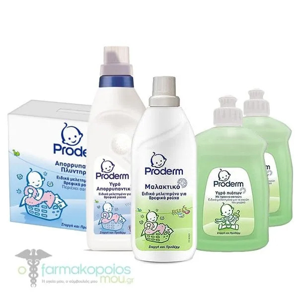 Proderm Baby Detergents Promo Pack with Powder Laundry Detergent, 1.68kg (23 loads), Liquid Detergent, 1250ml (17 loads), Fabric Softener, 1lt, Dishwashing Liquid, 2 x 500ml, 1set