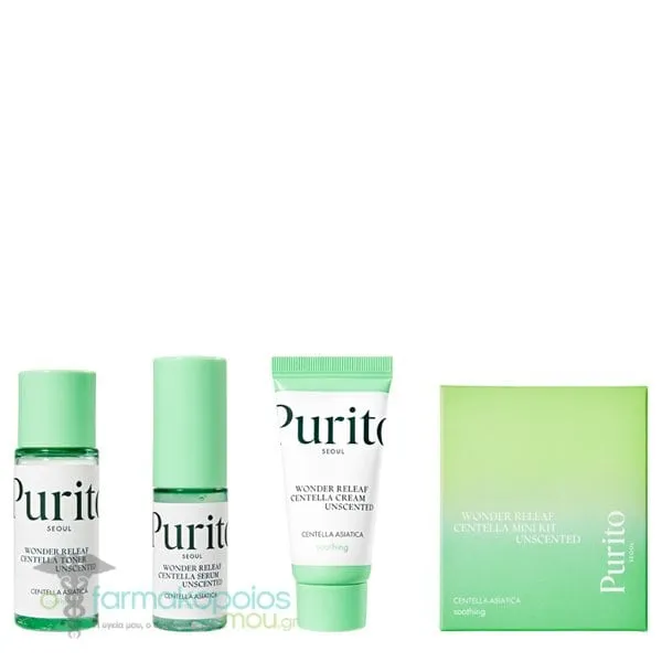 Purito Seoul Wonder Releaf Centella Mini Kit Unscented with Wonder Releaf Centella Toner Unscented, 30ml, Serum Unscented, 15ml & Cream Unscented, 12ml, 1set