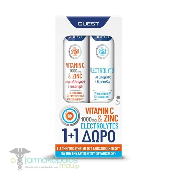Quest Promo (1+1) Vitamin C 1000mg & Zinc, 20eff.tabs & Electrolytes, 20eff.tabs, 1set