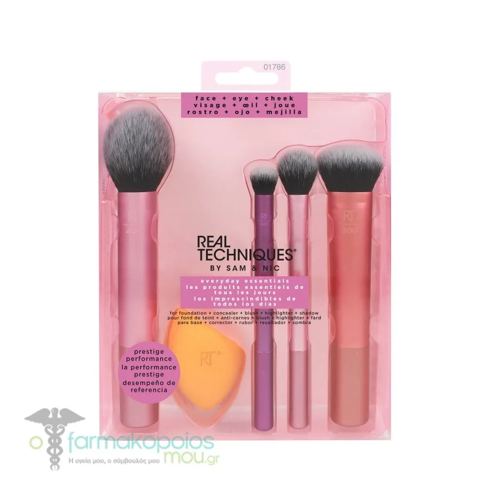Real Techniques Everyday Essentials Brush Set, 4pcs & Sponge, 1pc (1786)