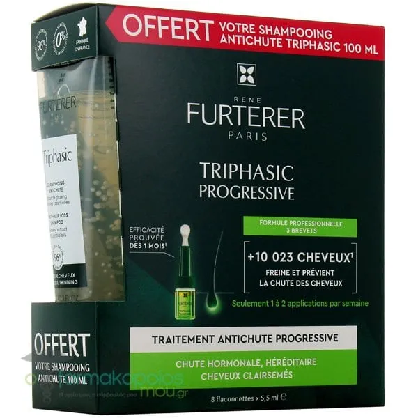 Rene Furterer Triphasic Anti-Hair Loss Treatment Set with Triphasic Anti-Hair Loss Shampoo, 100ml & Triphasic Progressive Treatment, 8x5.5ml, 1set