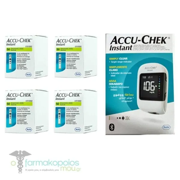 Roche Accu Chek Instant Promo Blood Glucose Test Strips, 4x50pcs & Free Blood Glucose Meter & Pen, 1pc, 1set