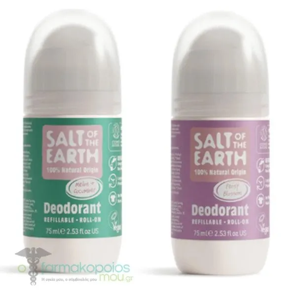 Salt of the Earth Pack Vegan Refillable Roll-On Deodorant Melon Cucumber Αποσμητικό Επαναγεμιζόμενο, 75ml & Peony Blossom Natural Refillable Roll-On Αποσμητικό Επαναγεμιζόμενο, 75ml, 1σετ