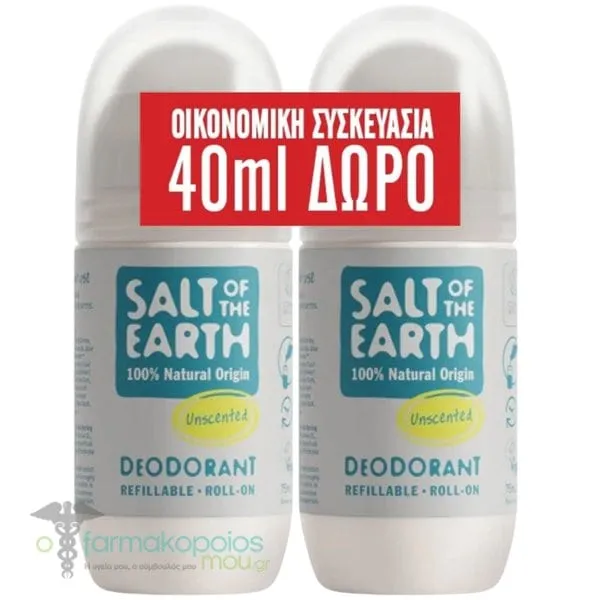 Salt of the Earth Promo Unscented Refillable Deodorant Αποσμητικό Roll-On Χωρίς Άρωμα, 2x75ml