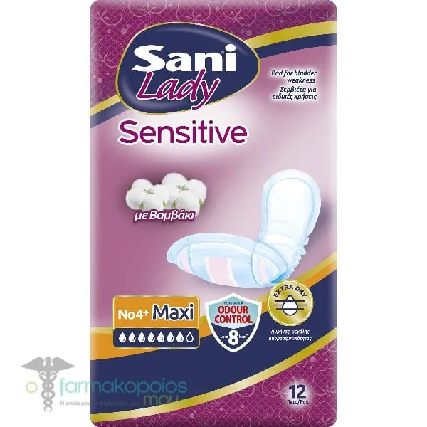 Sani Lady Sensitive Γυναικείες Σερβιέτες Ακράτειας με Bαμβάκι Maxi No4+, 12τεμ