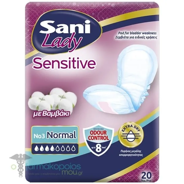 Sani Lady Sensitive Incontinence Pads with Cotton Normal No3, 20pcs