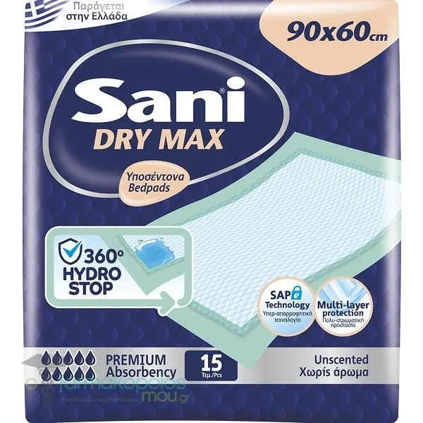Sani Premium Dry Max Υποσέντονα Χωρίς Άρωμα 90x60cm, 15τεμ