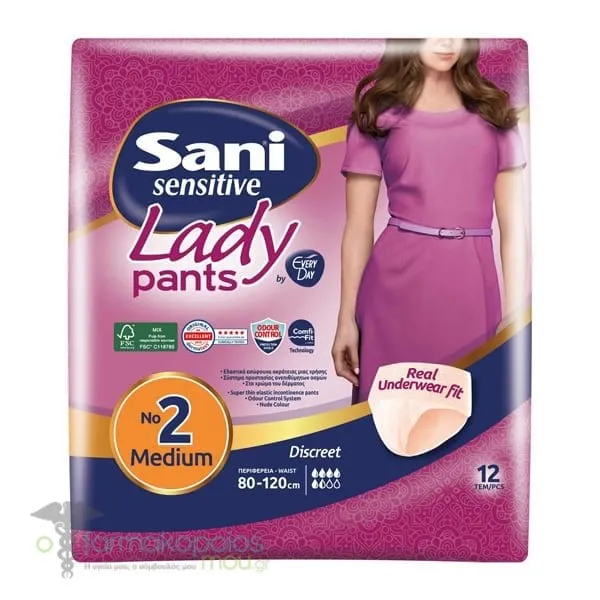 Sani Sensitive Lady Pants No.2 Μedium Ελαστικό Εσώρουχο Ακράτειας, 12τεμ