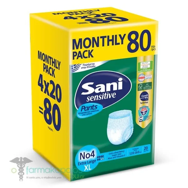 Sani Sensitive Monthly Pack Pants Extra Large Ελαστικό Εσώρουχο Ακράτειας No.4, 4x20, 80τεμ