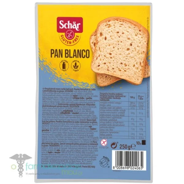 Schar Pan Blanco White Sliced Bread Λευκό Ψωμί σε Φέτες, 250g