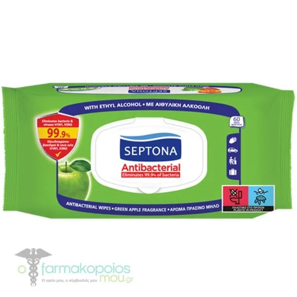 Septona Antibacterial Hand Wipes Green Apple, 60pcs