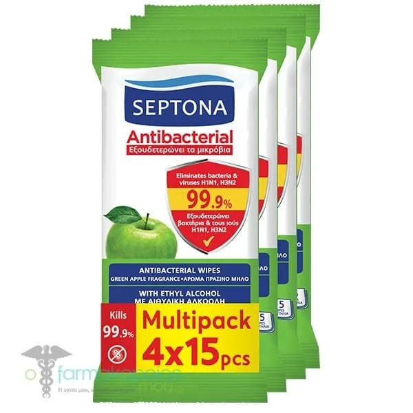 Septona Antibacterial Wipes with Green Apple, (4x15pcs) 60pcs