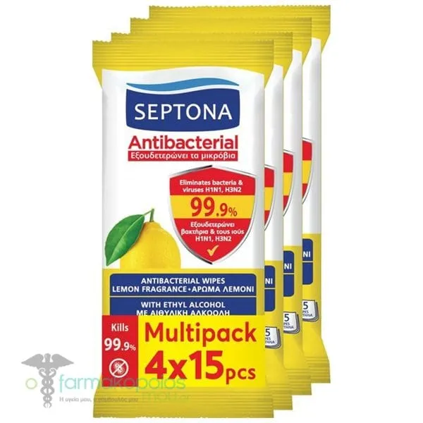 Septona Antibacterial Wipes with Lemon, (4x15pcs) 60pcs