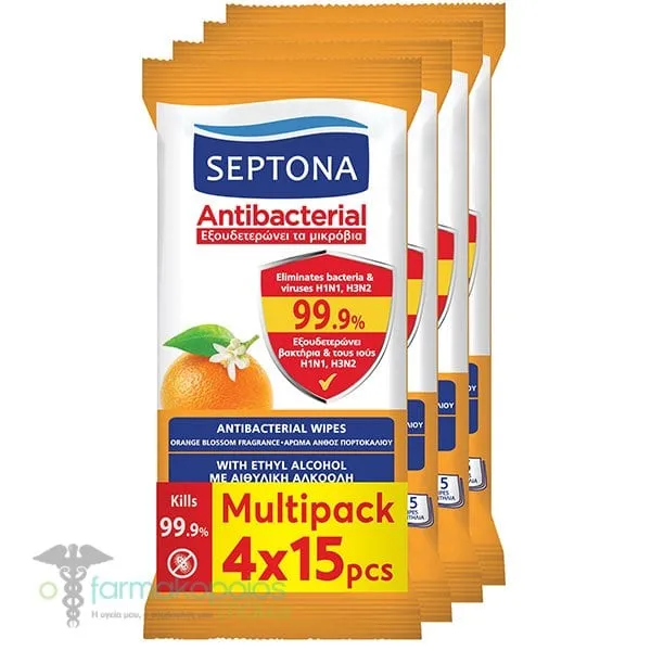 Septona Antibacterial Wipes with Orange Blossom, (4x15pcs) 60pcs