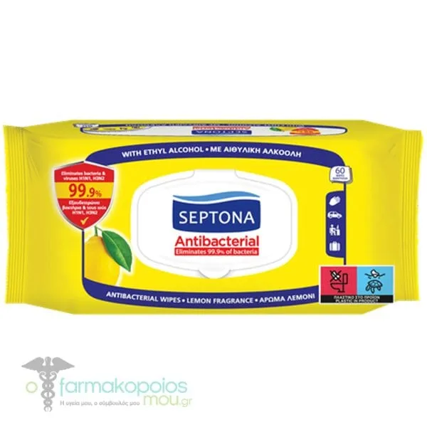 Septona Antibacterial Hand Wipes Lemon, 60pcs