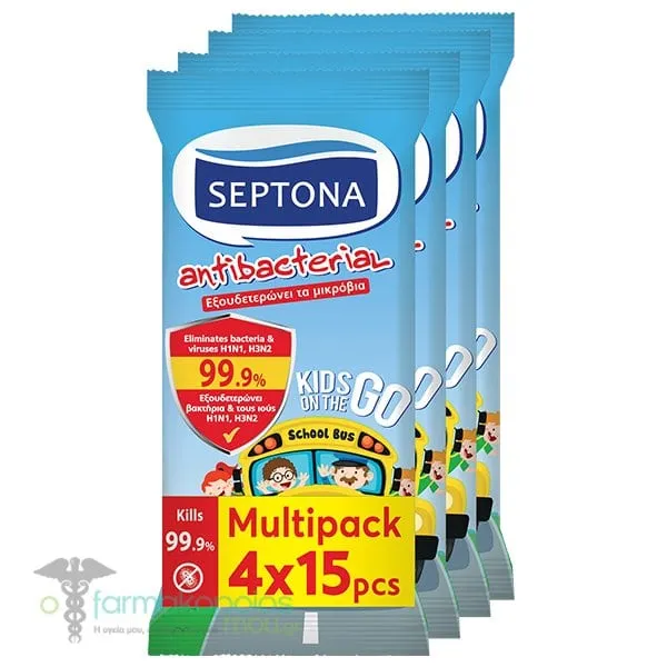 Septona Antibacterial Kids On the Go Hand Wipes, (4x15pcs) 60pcs