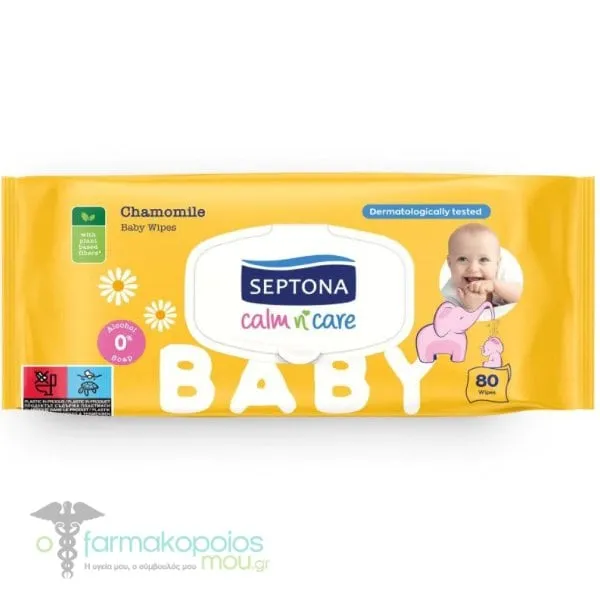 Septona Calm n Care Chamomile Μωρομάντηλα με Χαμομήλι - με Καπάκι, 80τεμ