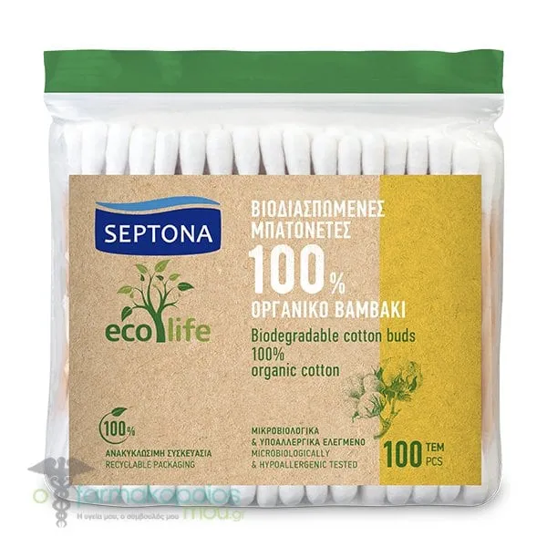 Septona Eco Life Βιοδιασπώμενοι Ωτοκαθαριστές Μπατονέτες 100% Βαμβακερές, 100τεμ