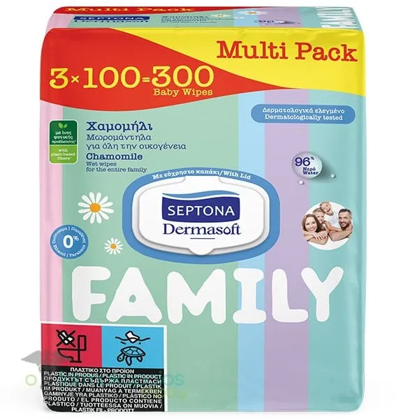 Septona Promo (2+1 Δώρο) Dermasoft Family Μωρομάντηλα για Όλη την Οικογένεια με Χαμομήλι, 3x100τεμ, 1σετ