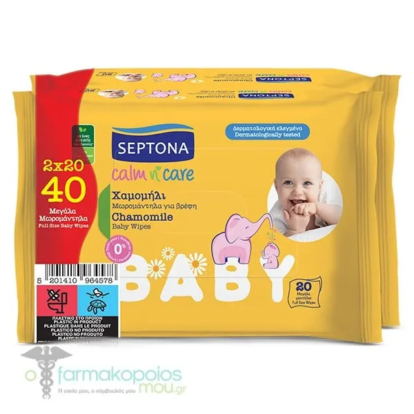 Septona Promo Calm N' Care Μωρομάντηλα Χαμομήλι, (2x20τεμ) 40τεμ