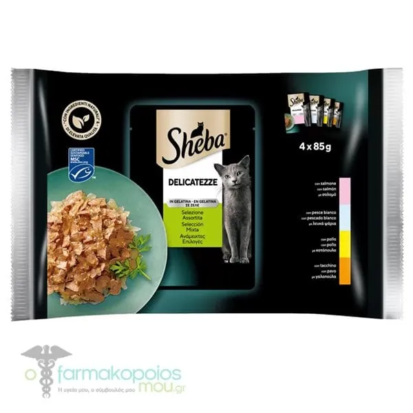 Sheba Delicatezze Liquid Food for Adult Cats in Jelly with Mixed Options (Salmon, White Fish, Chicken, Turkey), 4x85gr