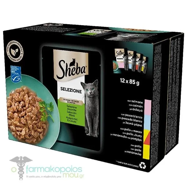 Sheba Selection Πλήρης Υγρή Τροφή για Ενήλικες Γάτες σε Φακελάκι Ανάμεικτες Επιλογές (Σολομό, Λευκά Ψάρια, Κοτόπουλο &amp; Μοσχάρι), 12x85g