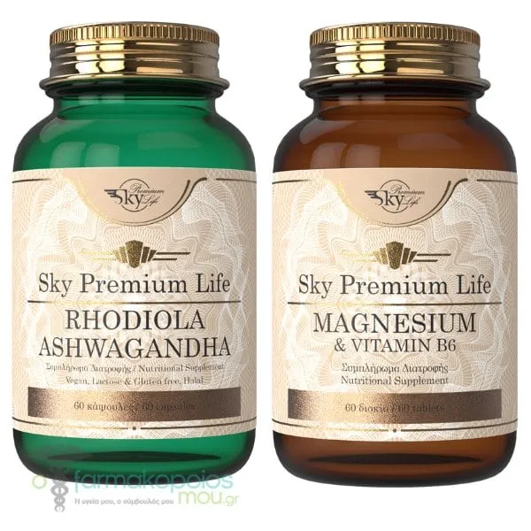 Sky Premium Life Promo Pack for Relaxation & Good Mood with Rhodiola/Ashwagandha, 60caps & Magnesium & B6, 60tabs, 1set
