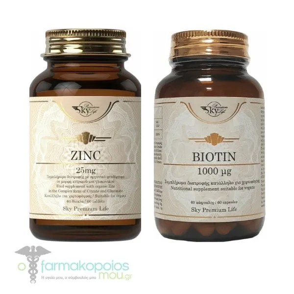 Sky Premium Life Promo Pack for Healthy Hair with Biotin 1000μg, 60caps & Zinc 25mg, 60tabs, 1set