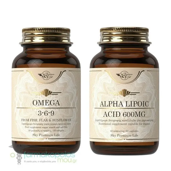 Sky Premium Life Promo Pack for Cholesterol with Omega 3-6-9, 50softgels & Alpha Lipoic Acid 600mg, 60caps, 1set