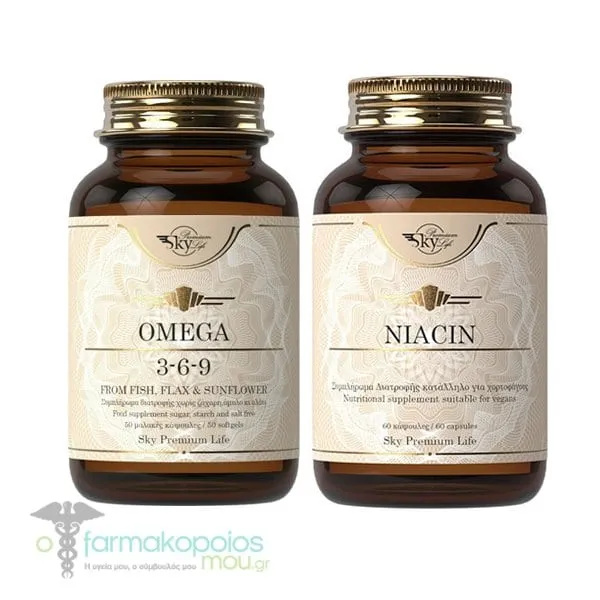 Sky Premium Life Promo Pack for Cholesterol with Omega 3-6-9, 50softgels & Niacin 320mg, 60caps, 1set