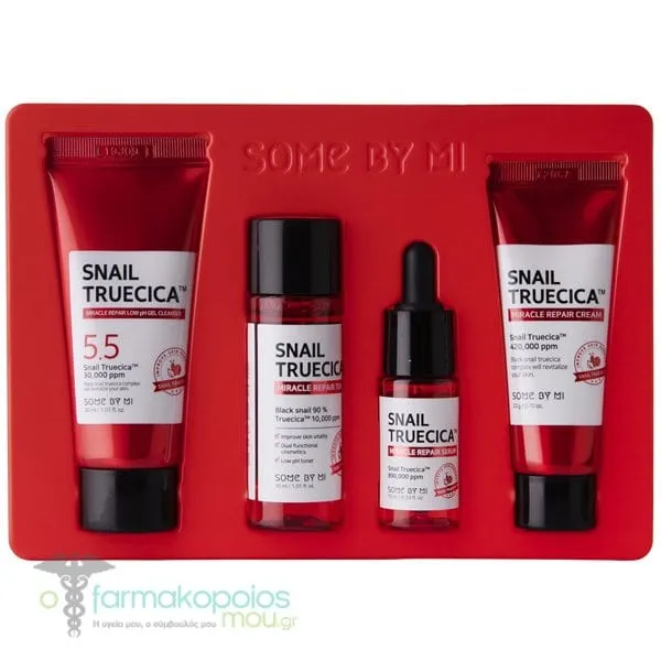 Some By Mi Snail Truecica Miracle Repair Starter Kit with Snail Truecica Low pH Gel Cleanser, 30ml, Toner, 30ml, Serum, 10ml & Cream, 20g , 1set