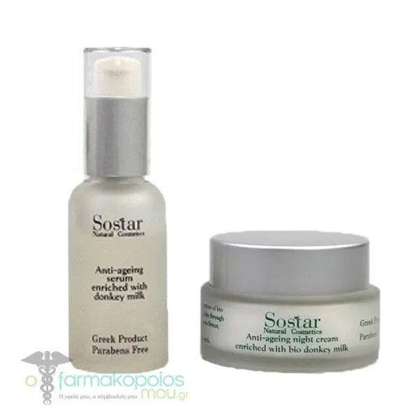 Sostar Promo Pack with Anti-Aging Night Cream with Organic Donkey Milk, 50ml & Anti-Aging Serum with Organic Donkey Milk, 30ml, 1set