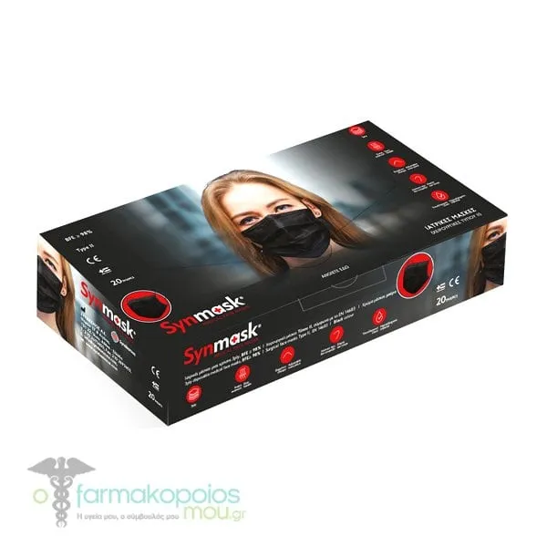 SynMask Surgical Face Masks 3ply Type IRR BFE> 98% Black with Earloop, 20pcs - 002 Μαύρο
