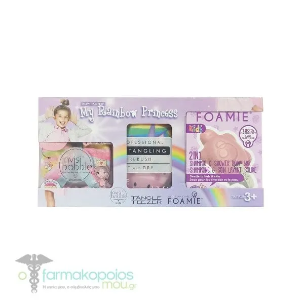 Tangle Teezer My Rainbow Princess Kit with Foamie Kids 2 in 1 Bar, 80gr & Invisibobble Kids Slim Sprunchie with Bow, 1pc & Tangle Teezer Original Mini Hairbrush Pink Unicorn, 1set