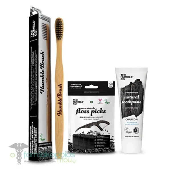The Humble Co. Promo Pack with Charcoal Toothbrush, 1pc, Charcoal Toothpaste, 75ml, Interdental Brush Charcoal Picks, 50pcs & Free Toothbrush Case, 1pc, 1set