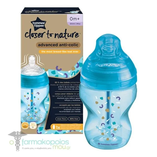 Tommee Tippee Closer to Nature Advanced Anti-Colic Small Flow Bottle 0m+, 260ml - Γαλάζιο