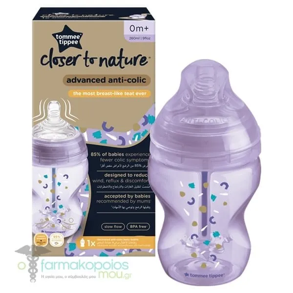 Tommee Tippee Closer to Nature Advanced Anti-Colic Small Flow Bottle 0m+, 260ml - Μώβ