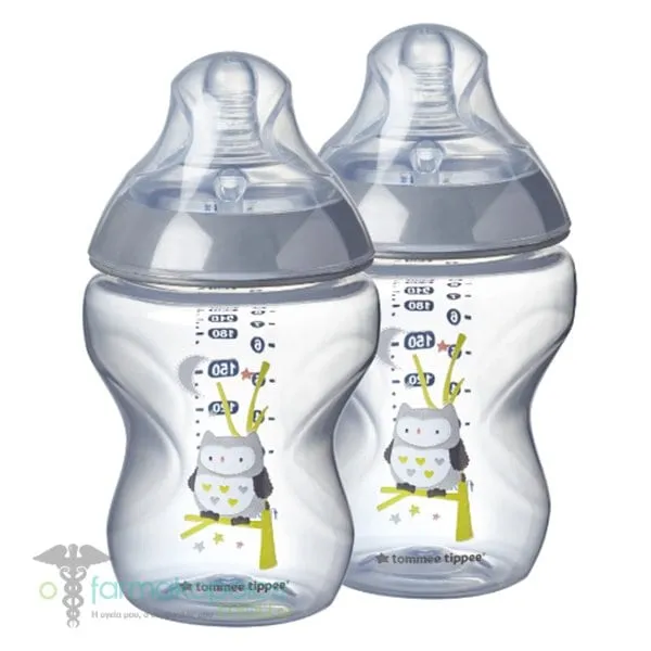 Tommee Tippee Bottles Closer to Nature Low Flow Bottle with Ollie the Owl Design 0m+, 2x260ml