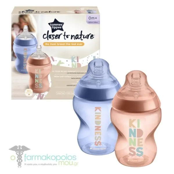 Tommee Tippee Closer to Nature Μπιμπερό Μικρής Ροής με Σχέδιο Πάντα 0m+, 2x260ml, 1σετ - Kindness