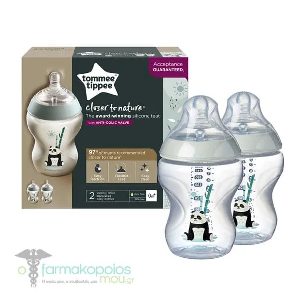 Tommee Tippee Closer to Nature Μπιμπερό Μικρής Ροής με Σχέδιο Πάντα 0m+, 2x260ml, 1σετ - Panda