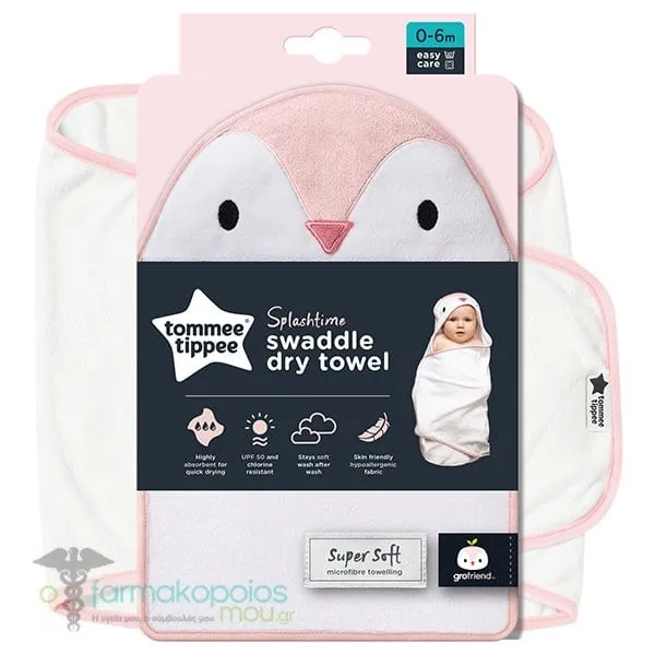 Tommee Tippee Splashtime Swaddle Dry Towel Percy The Penguin Girl 0-6m, 1pc