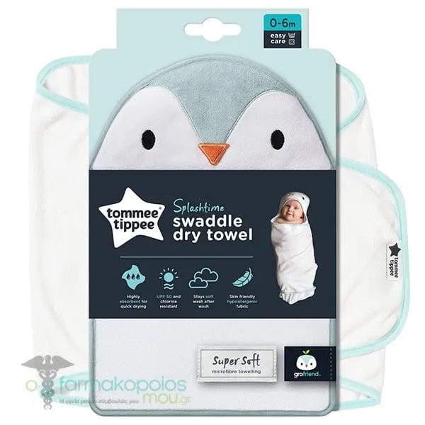Tommee Tippee Splashtime Swaddle Dry Towel Percy The Penguin Boy 0-6m, 1pc