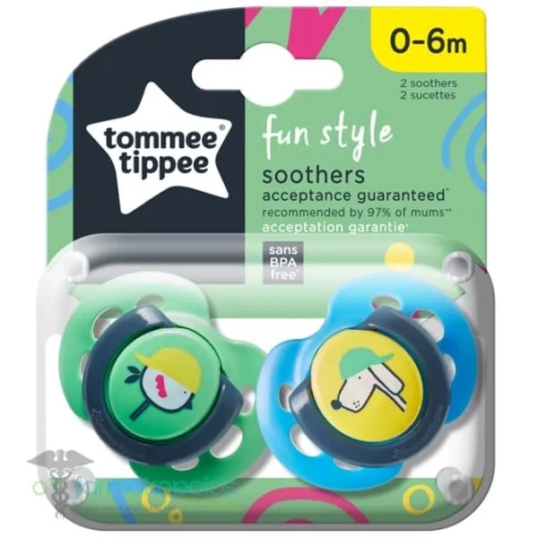 Tommee Tippee Fun Style Soothers 0-6m, 2pcs - Γαλάζιο-Πράσινο