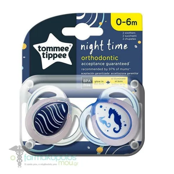Tommee Tippee Πιπίλες Σιλικόνης Nυκτός από 0-6 Μηνών, 2τεμ