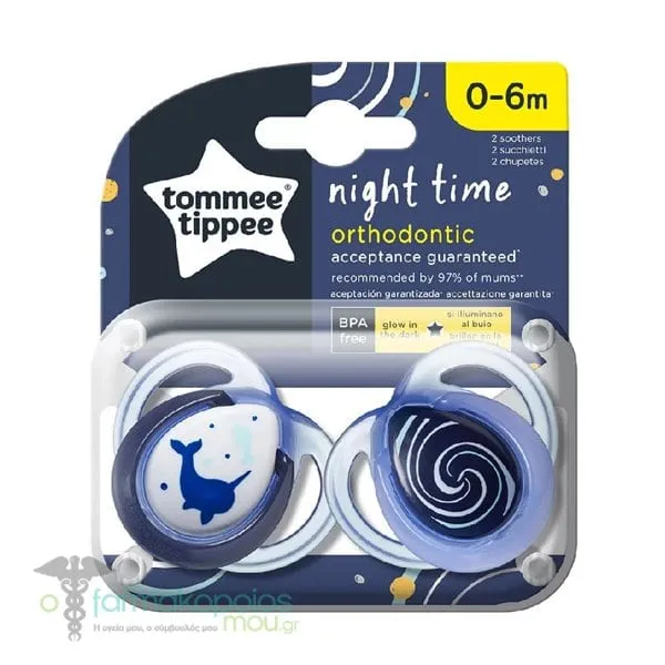 Tommee Tippee Πιπίλες Σιλικόνης Nυκτός από 0-6 Μηνών, 2τεμ