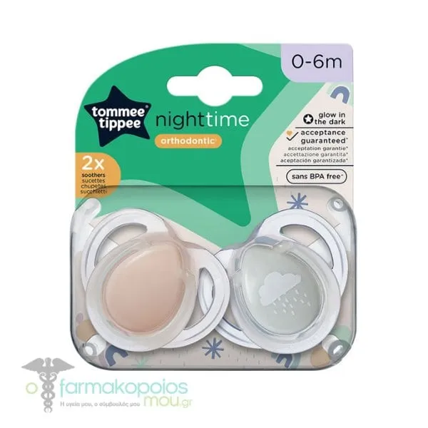 Tommee Tippee Night Time Orthodontic Soothers 0-6m, 2pcs - Ροζ-Γκρι