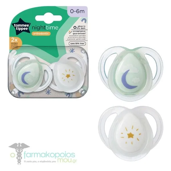 Tommee Tippee Night Time Orthodontic Soothers 0-6m, 2pcs - Διάφανο-Πράσινο