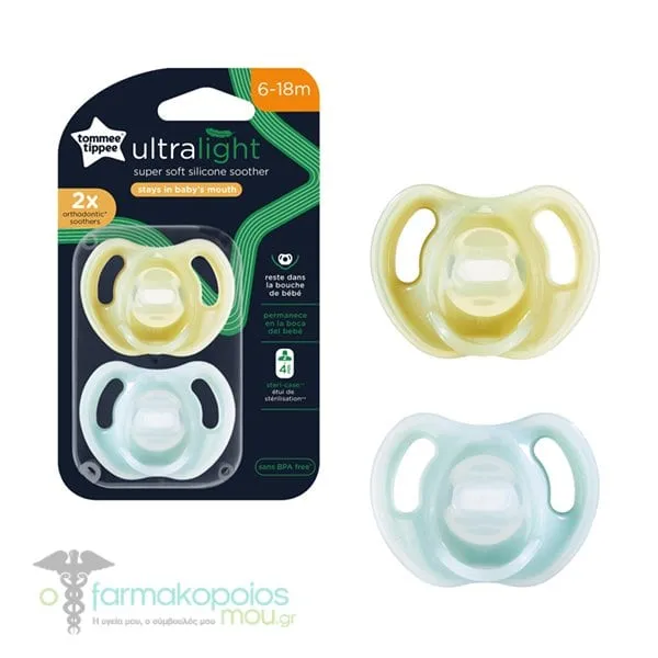 Tommee Tippee Ultra Light Silicone Pacifiers 6-18m, 2 pcs - Κίτρινο-Μέντα