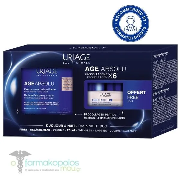 Uriage Age Absolu Day & Night Duo Kit με Redensifying Rosy Cream Αντιγηραντική Κρέμα Ημέρας, 50ml & Δώρο Redensifying Sleeping Mask Αντιγηραντική Μάσκα Νυκτός, 15ml, 1σετ